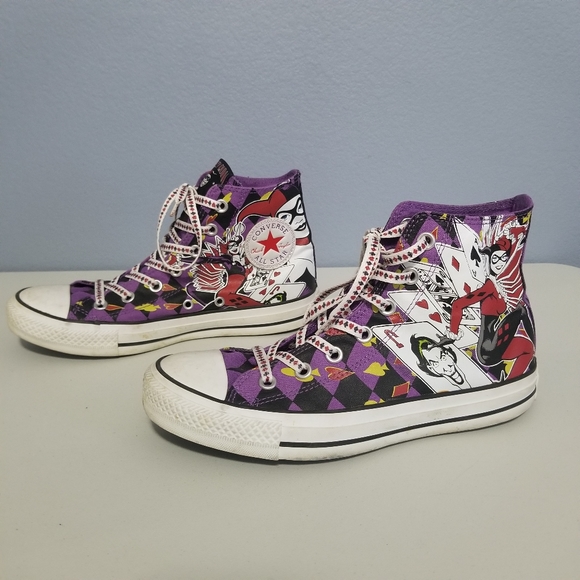 DC Comics Joker's Wild Harley Quinn High Top Converse Unisex All-Star Sneakers.